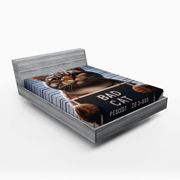 Ambesonne Cat Fitted Sheet, Whimsical Bad Kitty Mug Shot, King Size, Umber and Pale Blue Grey