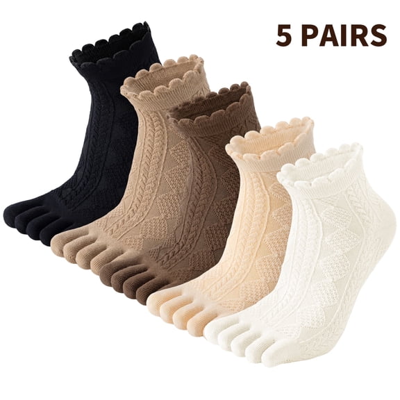Yawlsow 5 Pairs Women's Cotton Toe Socks, Five Finger Crew Socks for Running Athletic, Casual Wear, US Size 5-8.5