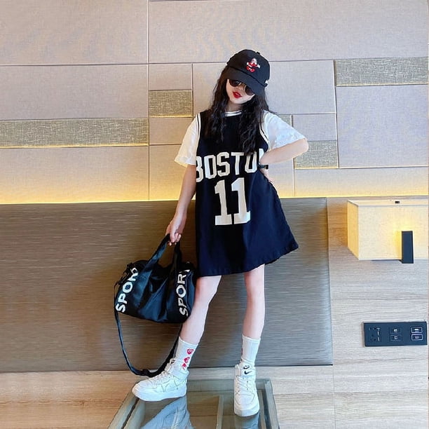 Vestido de verano de manga corta con falda y camiseta para niña, ropa deportiva de moda para niña de largo medio y grande