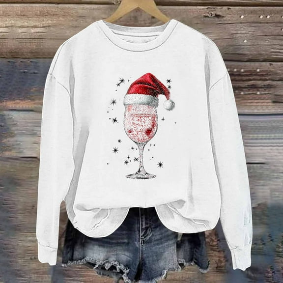 Busydd Christmas Sweatshirts for Women Trendy Wine Glass Pullover Sweatshirt Casual Loose Long Sleeve Christmas Vacation Sweatshirt Fall Comfy Crewneck Sweatshirt L
