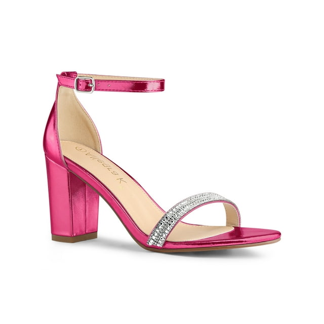 BLISSFUL STEP Women's Sandals Rhinestone Chunky Heel Ankle Strap Open Toe Party Shoes Hot Pink 6