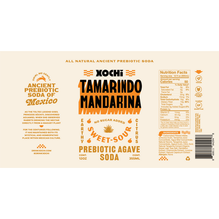 Xochi Sparkling Prebiotic Soda, Tamarindo Mandarina, 12oz Cans, 12