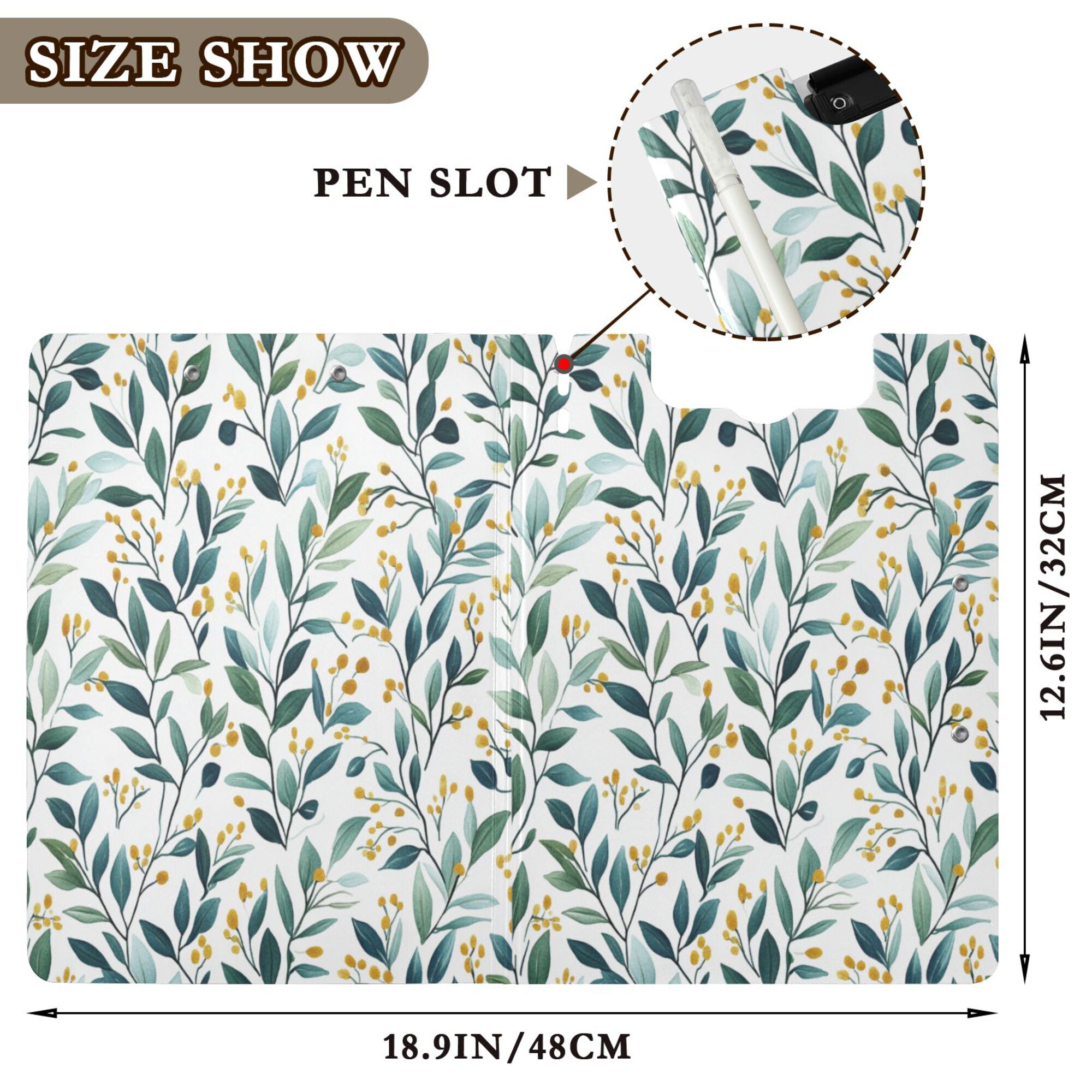 FORMRS A4 Clipboard Folder with Pen Holder Horizontal Foldable School Office Binder, Darker Leafy Pattern