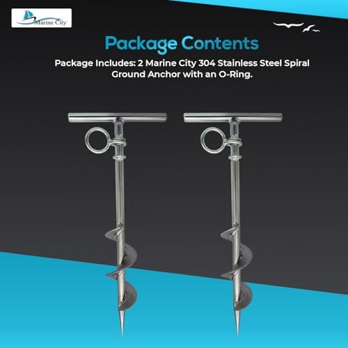 MARINE CITY Spiral Ground Anchor with O-Ring  304 Stainless Steel 4-1/2 x 10-5/8 Inches, Ideal for Boat Mooring, Camping Tents, Puppy Tie-Out Stakes, Backyards, Marines, Yachts Pack of 2