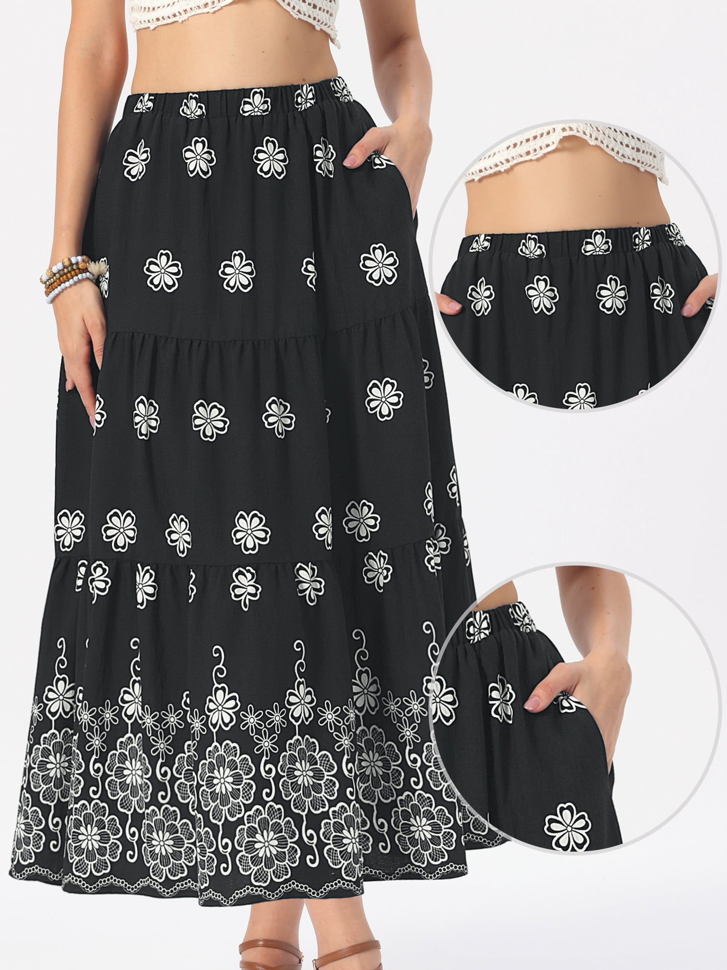 DARING DIVA Women's Layered Ruffle Hem A Line High Waist  Flared Long Skirts M Black