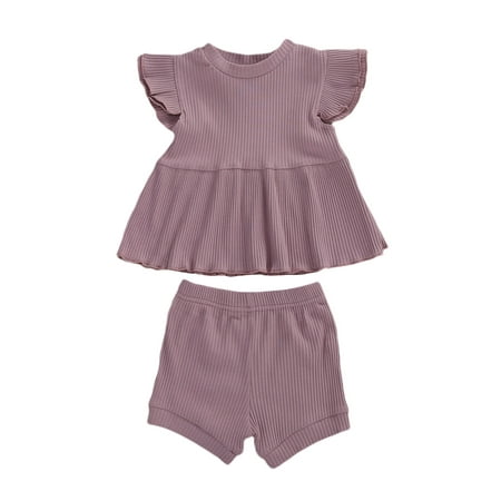 

ZIYIXIN Toddler Baby Girl Sleeveless Ruffle T-Shirt Top Shorts Set Knitted Ribbed 2Pcs Outfits Summer Clothes Purple 3-4 Years