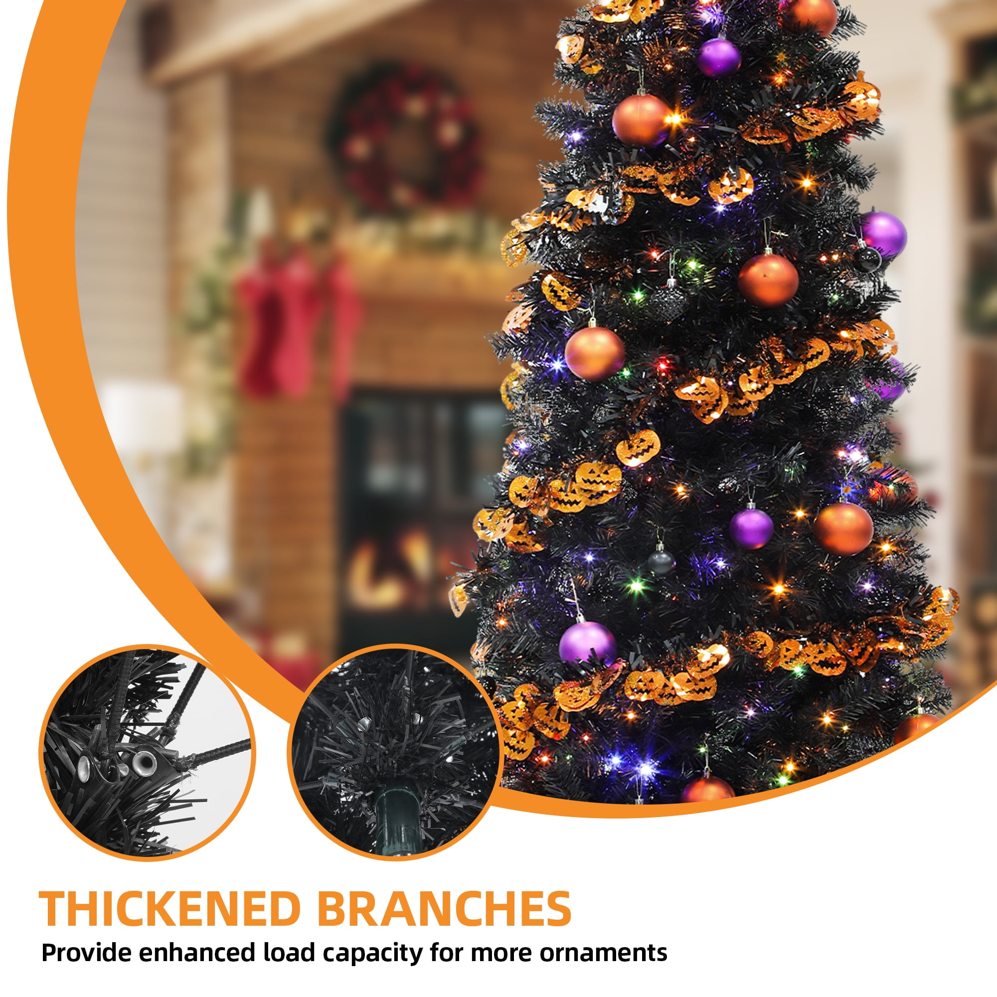 Uforic 7.5ft Pre-Lit Artificial Pencil Christmas Tree,Hinged Slim Hallowee Christmas Tree with 1000 Branch Tips and 350 Lights,Black