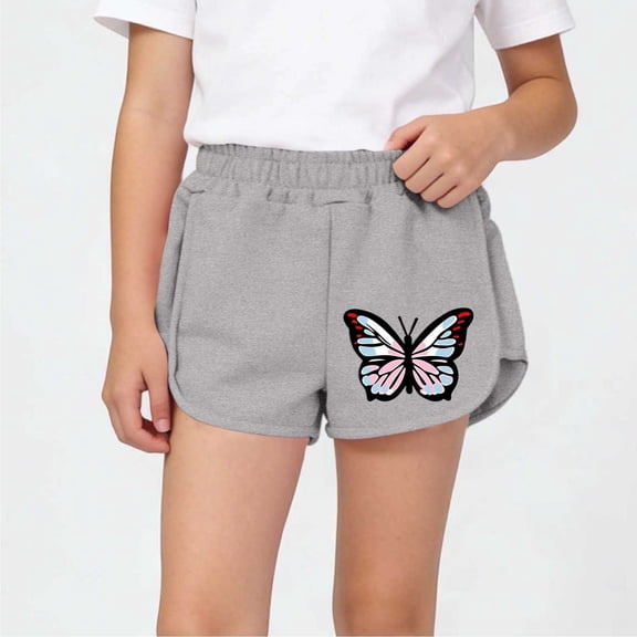 DAETIROS Kids Girls Butterfly Shorts Gray | 100% Cotton Kids Athletic Bottoms | Soft Breathable Elastic Waist | Side Split Hem Play Shorts | Sizes 2T-12,Size 5-6 T