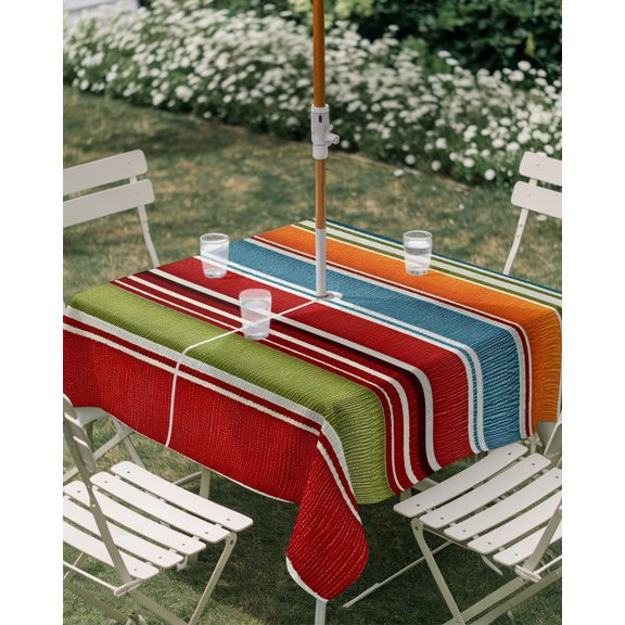 Outdoor Tablecloth with Umbrella Hole, Modern Colorful Stripes Zippered Table Cloth for Rectangle Tables, Red Green Blue Burlap Texture Washable Waterproof Tablecloths for Picnic Patio Garden