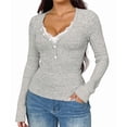 thumbnail image 2 of Women Lace Henley T Shirts Button Down Slim Fit Tops Long Sleeve V-Neck Tunic Top Blouse Light Gray M, 2 of 8