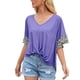 thumbnail image 4 of Camiseta de mujer con estampado de manga corta con cuello en V Top suelto trenzado de verano, azul, L AweSitey AP001233-07, 4 of 7