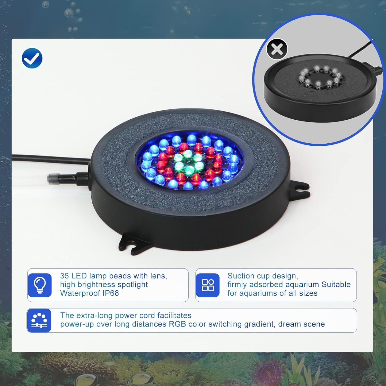 Aquarium Light with Timer for Fish Tank,LED Fish Tank Bubbler Stone Disk Light, Aquarium Oxygenation Kit, Submersible Fish Tank Decorations Accessories for Fish Tank Decoration, Turtle Fish Tank Deco