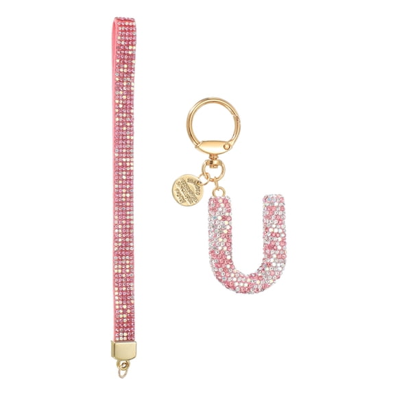 Initial Letter Keychain for Women, Rhinestone Alphabet U Key Chain Sparkly Keychain Charm with Heart for Backpack Handbag Car Key Accessories Lanyard, Pink