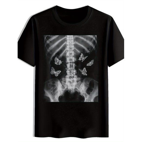 T Shirt X-ray Spine Print Men's Casual Crewneck Black Versatile Printed Pattern Men's Top
