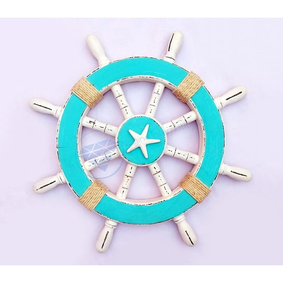 Nagina International Rustic Ocean Blue Decorative Nautical Ship Wheel Roped | Starfish Motif | Pirate's Wall Decor | Sea Gift (16 Inches)