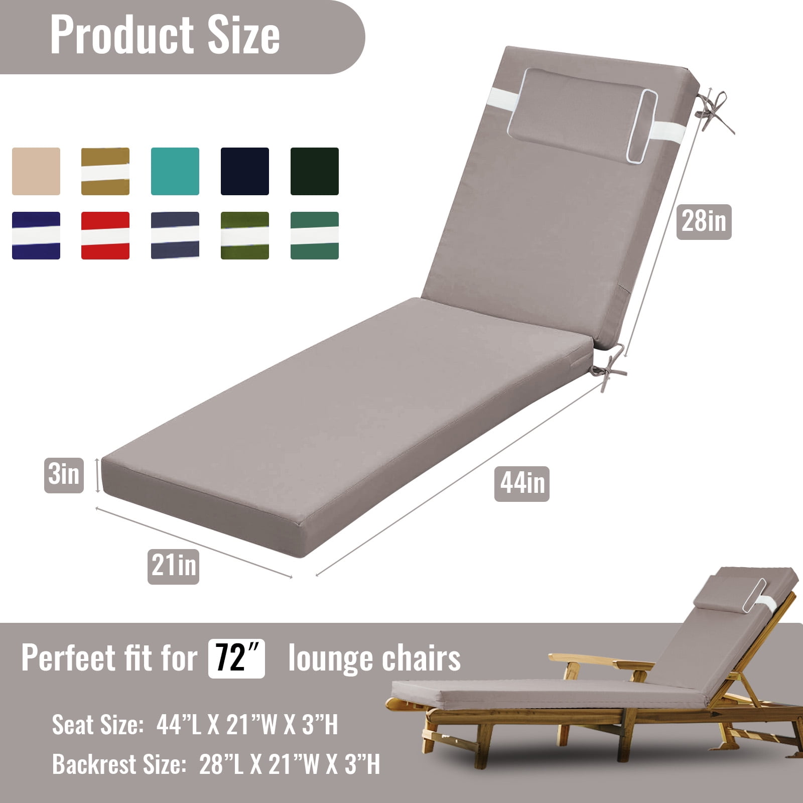 SDJPOI Outdoor Chaise Lounge Cushions, 72×21×3in Patio Chair Cushion for Pool & Beach（Khaki）