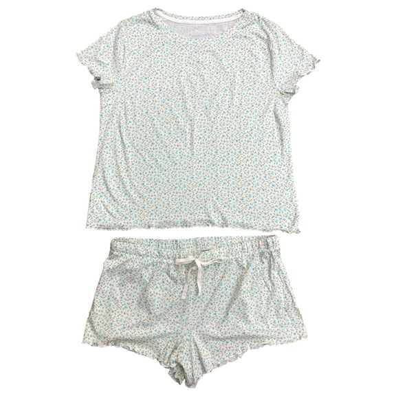 Womens Lightweight Blue Floral Pajamas Shorts & Tee Shirt Sleep Set Large