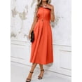 thumbnail image 6 of Orange Solid Color Minimalist Stand Collar Sleeveless A-Line Midi Dress For Women, 6 of 7