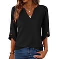 thumbnail image 1 of Mujeres 3/4 Manga de Verano Tops V Cuello Botonado Color Sólido Blusa, Camisetas Casuales de las Mujeres Suelto Ajuste Suave Respirable Primavera de Uso Diario, 1 of 8