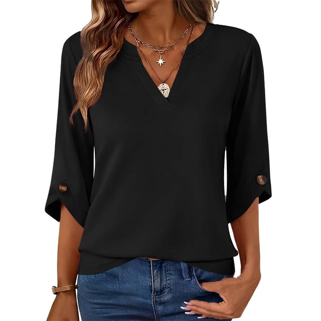 Mujeres 3/4 Manga de Verano Tops V Cuello Botonado Color Sólido Blusa, Camisetas Casuales de las Mujeres Suelto Ajuste Suave Respirable Primavera de Uso Diario