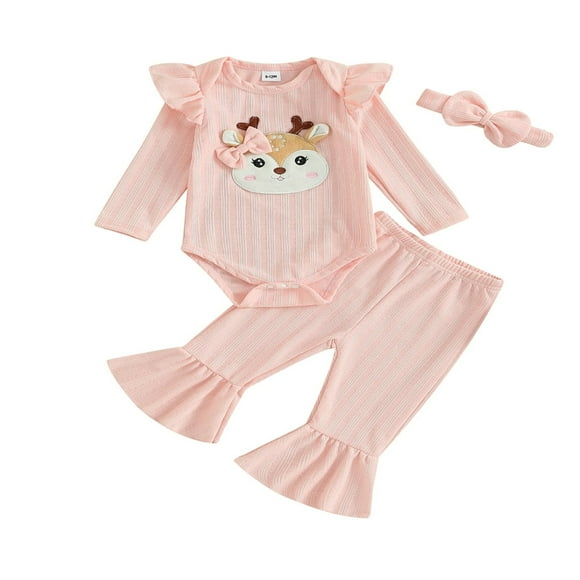 Ensemble 2 Pcs pour Bébé Fille Nouveau-Né, Grenouillère Brodée de Cerf, Pantalons Évasés, Bandeau