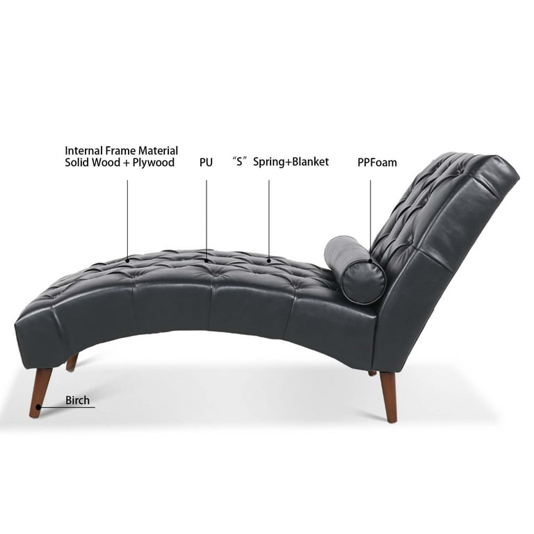PU Leather Chaise Lounge with Pillow Modern Button Tufted Indoor Lounge Chair with Wood Legs Upholstered Indoor Sleeper Chair for Living Room