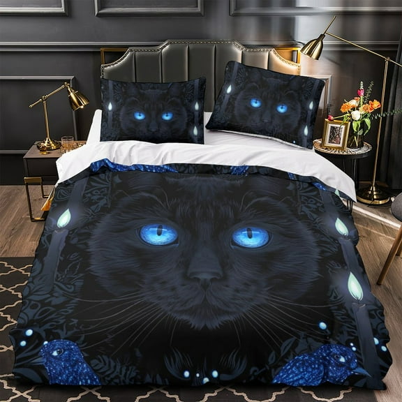YJHDM 3D Black Cat Bedding Set Black Anti Dirty Animal Down Duvet Cover Pillow Cover 2/3pcs for Boys