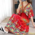 thumbnail image 4 of Plus Size Bohemian Summer Sweet Printed V-Neck Batwing Sleeved Beach Dress Women's Dress Ethnic Holiday Large Swing Midi Dress, 4 of 5