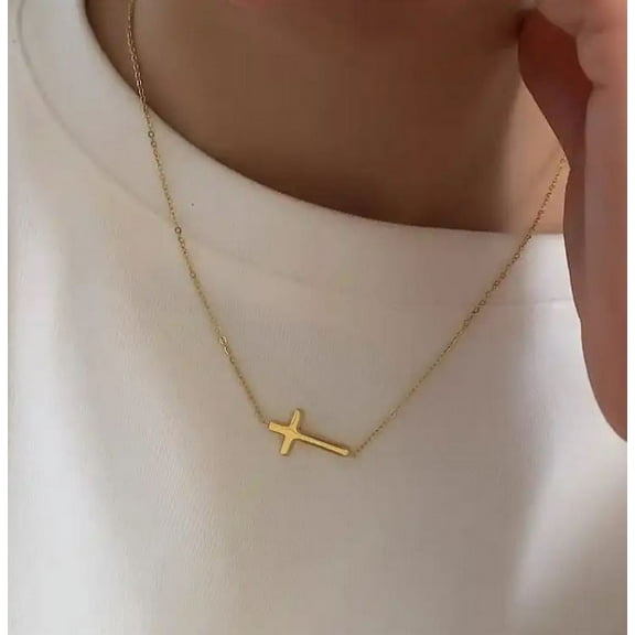 Graceful Cross 18" Necklace Pendant Necklace In 18K Gold Plated Stainless Steel