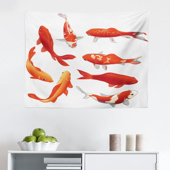 Fish Tapestry, Rounded Different Size Type Fish Motifs Underwater World Exotic Fauna Gills Design, Fabric Wall Hanging Decor for Bedroom Living Room Dorm, 2 Sizes, Multicolor, by Ambesonne