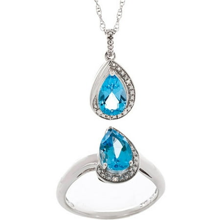 3.26 Carat T.G.W. Pear-Shaped Blue Topaz and Diamond Accent Ring and Pendant Set in Sterling Silver