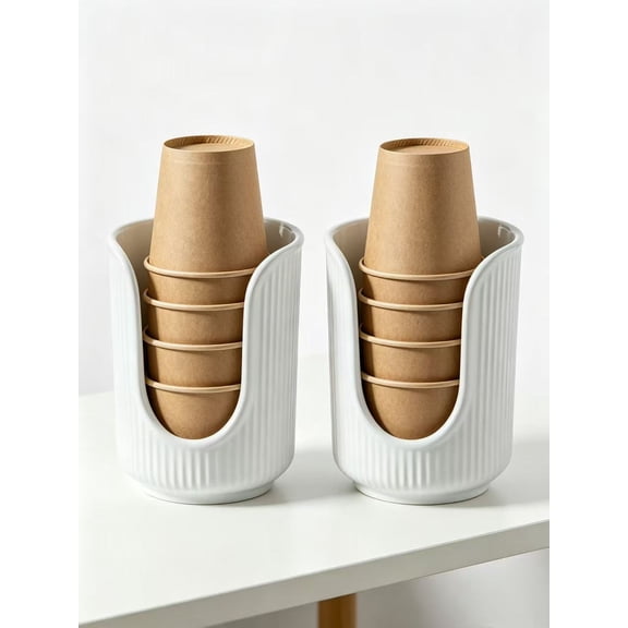 2pcs Bathroom Cup Dispenser with Stylish Vertical Stripes - Disposable Mouthwash Cup Holder Holds 3-4oz Paper Cups for Rinsing Cups on Bathroom Vanity Countertops (White)