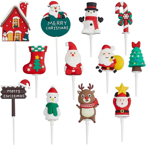 24Pcs Christmas Cupcake Toppers Winter Cake Topper Santa Claus Tree Snowman Candy Cane Christmas Cake Decorations Christmas Cake Toppers for Xmas New Year Holiday Birthday Party Supplies for diy