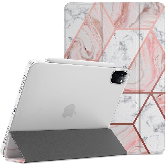 iPad PRO 11 Inch 2nd 3rd 4th Gen A2228 A2068 A2230 A2231 MY232LL/A MXDC2LL/A MXDE2LL/A Trifold Printed Hard Smart PC Transparent Back Cover - Marble Pink