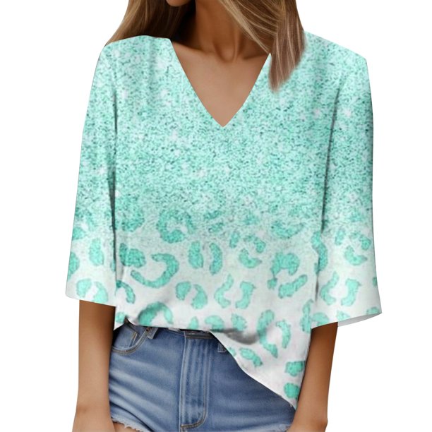 Gibobby Camisas mexicanas con cuello en V para mujer Camiseta informal manga corta con cuello en V y manga siete para mujer(Verde,M)