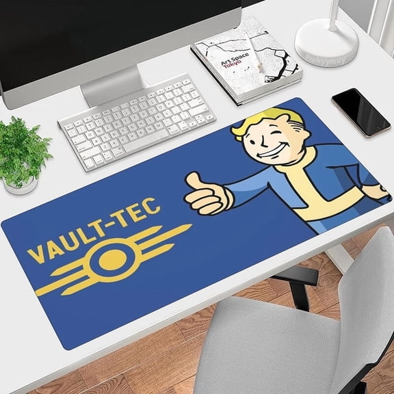 Fallout Wasteland Vault-Tec Large Gaming Mouse Pad - Ultra-Smooth Desk Mat with Stitched Edges, 31.5x11.8 inch, Non-Slip Waterproof Rubber Base, Blue & Yellow Design for Office and Home Use