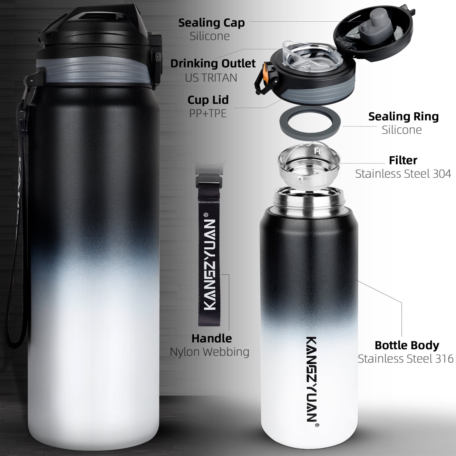 1000ML Thermos Water Bottle Tea Filter Vacuum Cup With Lid 316