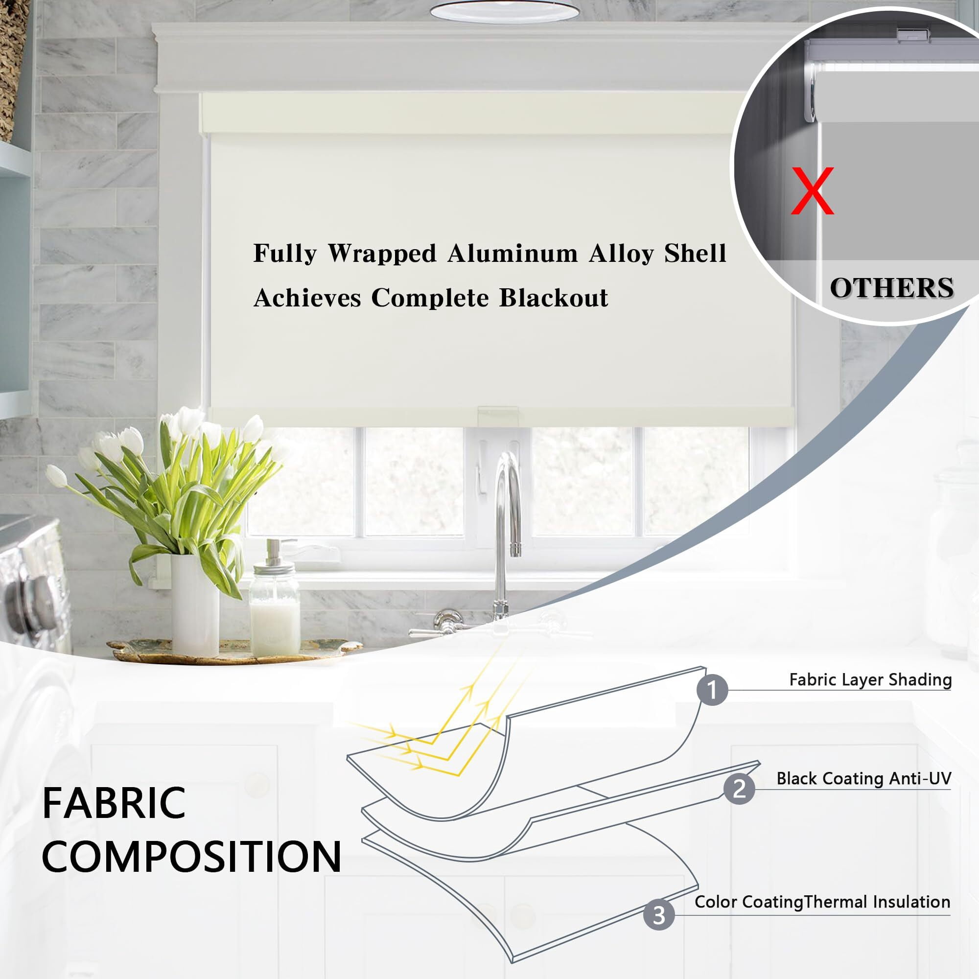AOSKY Cordless Blackout Roller Shades, Free-Stop Natural Woven Window Blinds Thermal Insulated UV Protection for Home and Office, 69"W x 72"H, Beige