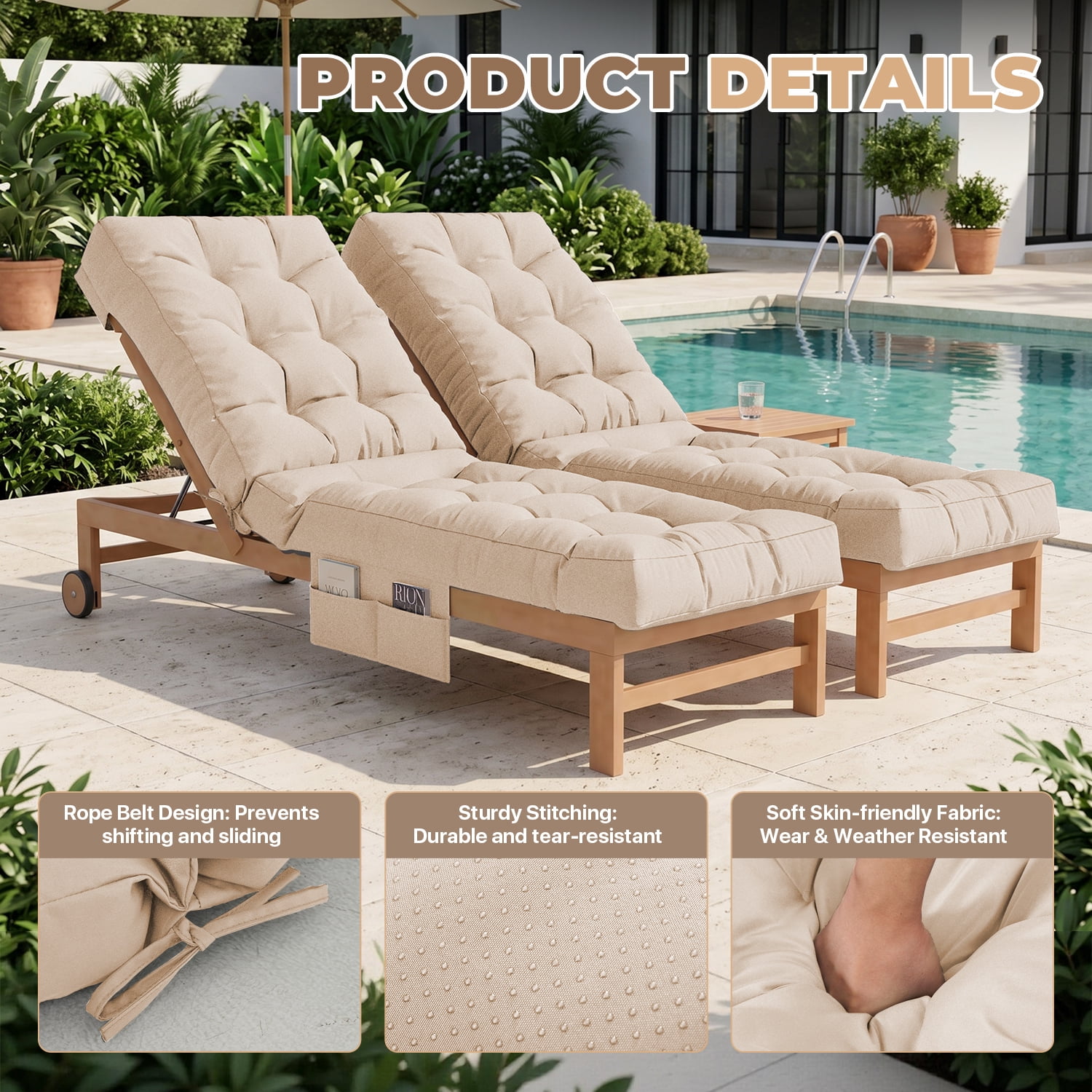 BaPiPro Beige 2-Pack Outdoor Chaise Lounge Cushion with Side Pocket, Triple Non-Slip Fixation, All-Weather Durable & Soft Fabric, Thickened Padding, Ideal for Patio and Poolside Use