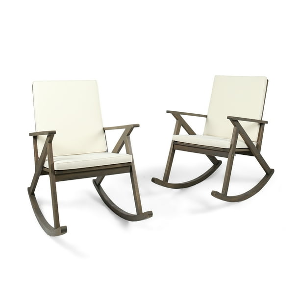 Louise Outdoor Acacia Wood Rocking Chair with Cushion, Set of 2, Grey and Cream - Walmart.com 