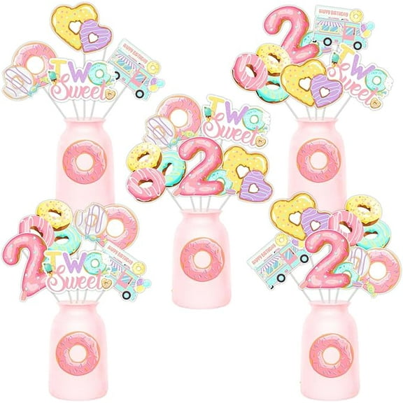 24 Pieces Donut 2nd Birthday Centerpiece Sticks for Girls - Sweet Two Party Decorations, Doughnut Theme Birthday Table Toppers