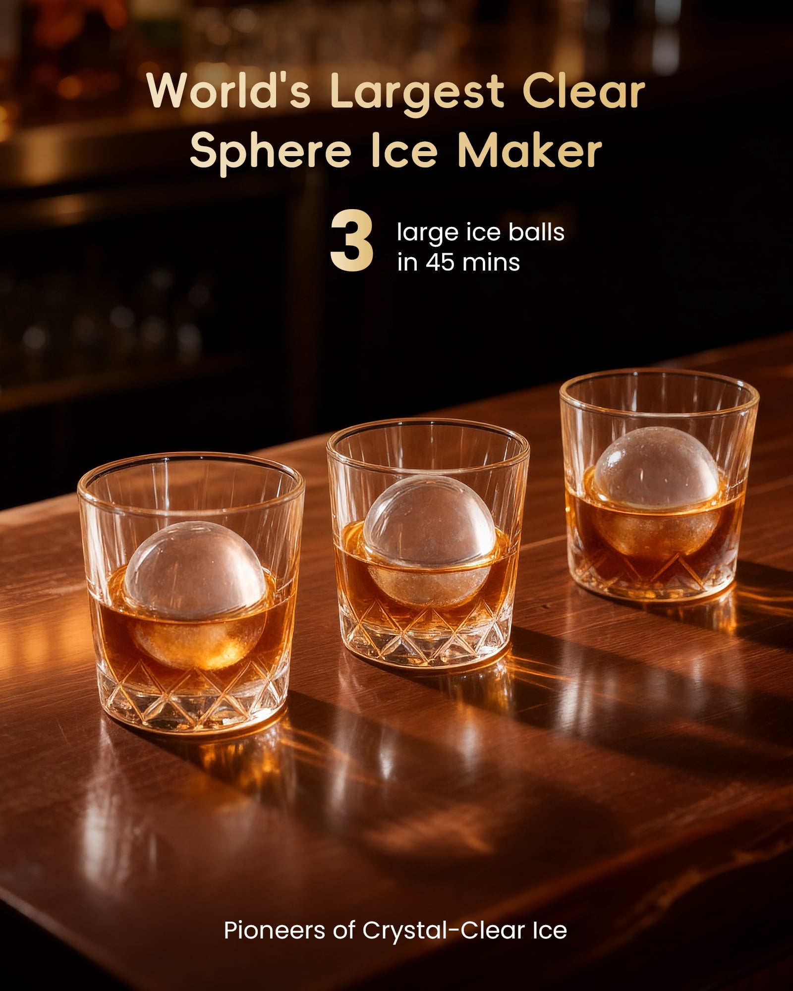 Ecozy Chillio 2.4" Clear Ice Ball Maker with CrystalFlux Technology, 3 Pcs in 45 Mins, 96 Pcs/Day, Sphere Ice Maker with Automatic Water Supply,  for Bar Whiskey & Bourbon