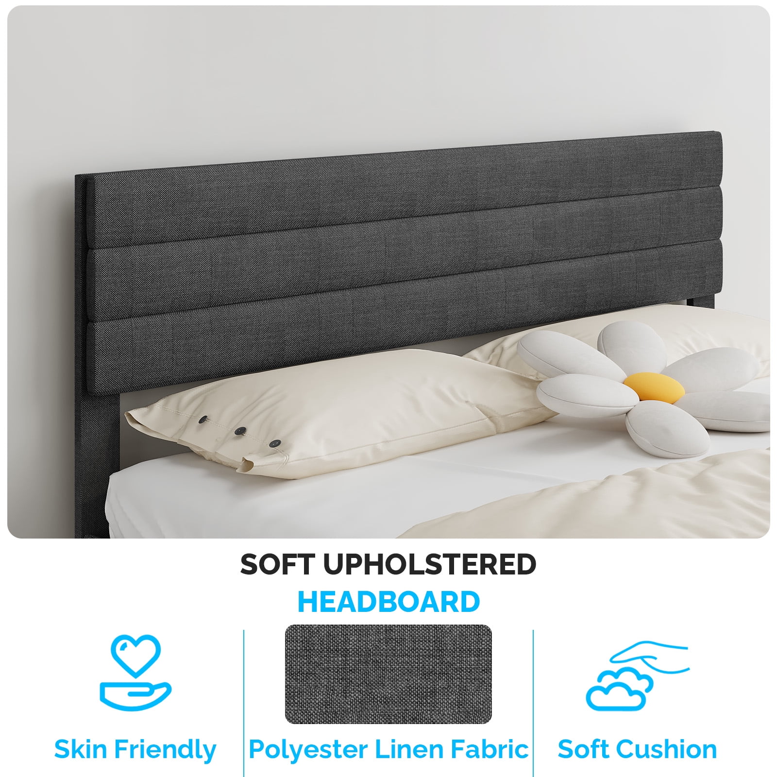 Zimtown King Platform Upholstered Bed Frame with Soft Adjustable Headboard, Wooden Mattress Foundation,No Box Spring Needed, Dark Gray