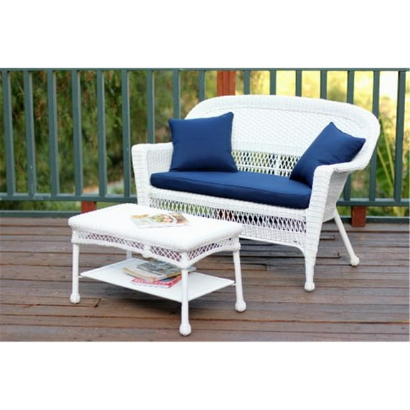 Jeco White Wicker Patio Love Seat And Coffee Table Set With Midnight Blue Cushion-Color:White and Blue,Material:Wicker