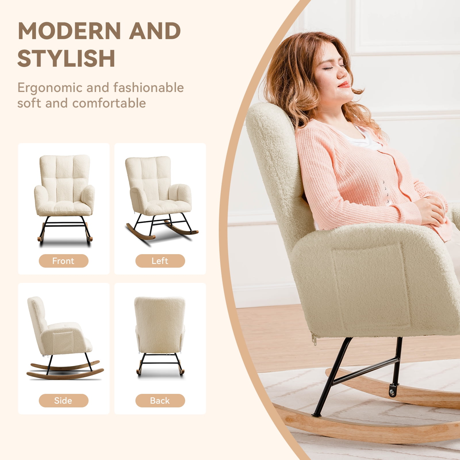 COMHOMA Nursery Rocking Chair, Teddy Upholstered Glider Rocking Chair with Side Pockets, Accent Chair with High Backrest Reading Chair for Adult, Nursery, Bedroom, Living Room,Offices,Beige