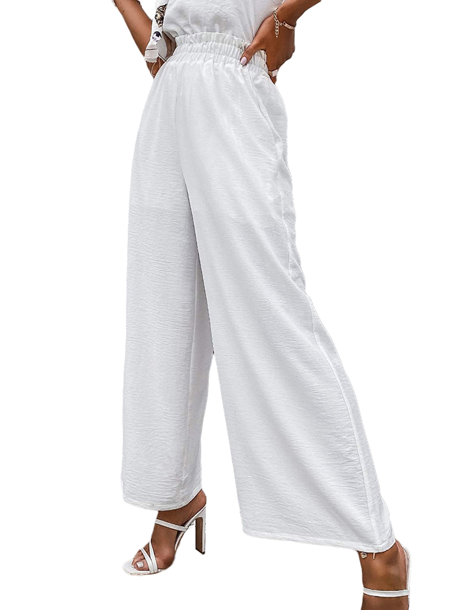 FAVIPT Straight Leg Cotton Linen Pants for Women Loose Fit Elastic Waist Pants with Pockets Casual Trousers Paper Bag Pants 