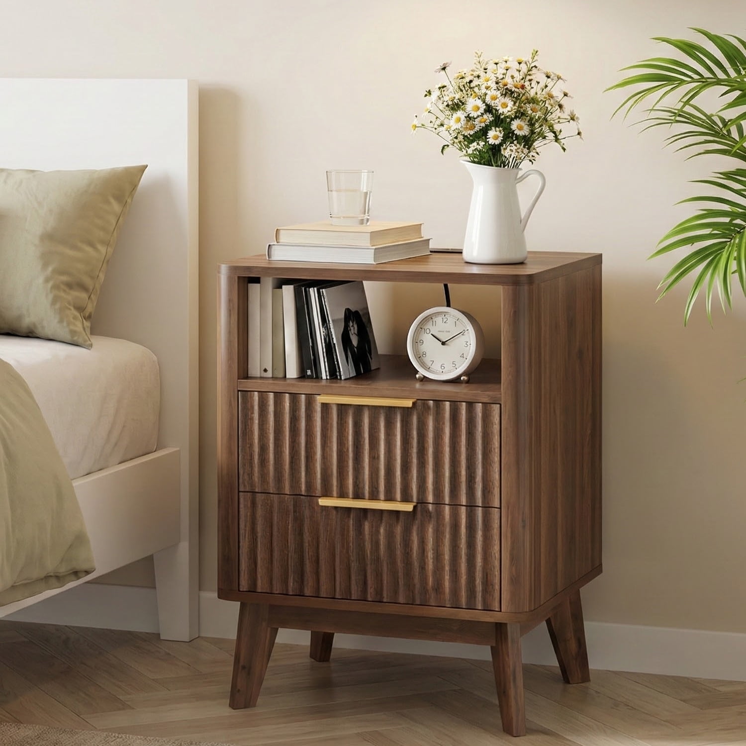 TOMNK Fluted Nightstand with Charging Station, 18" Modern Side Table, 2 Drawers End Table with Storage, Bedside Table for Bedroom, Living Room, Curved Profile Design, Dark Walnut