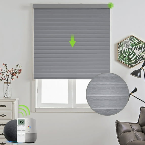 Yoolax Motorized Shangri-la Sheer Shade Remote Control Wireless Battery Rechargeable Window Blinds for Privacy(85% Shading Texture Grey,55"W x 72"H)
