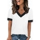 thumbnail image 1 of Mujeres Tops Casual Color Bloque Manga Corta V Cuello Blusa Moda Verano Primavera Respirable, 1 of 9