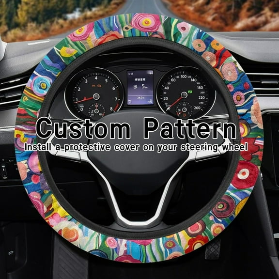 HaoXun Custom Photo Car Steering Wheel Cover 15 x 1.6 Inches - White Polyester Fabric Car Interior Accessories with Non-Slip Grip for Cars and Trucks